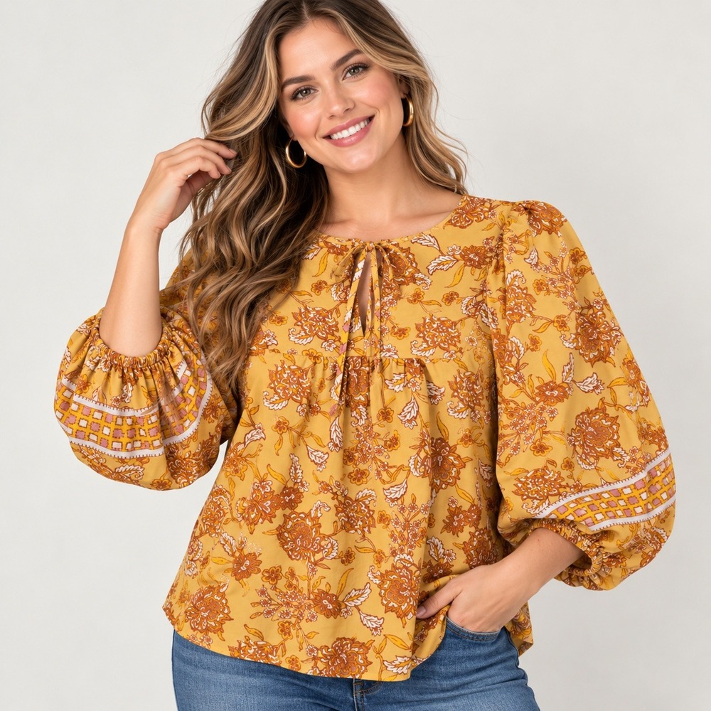 C&C California Floral Top Women L Mustard Boho Balloon Sleeve Peasant Cotton NWT